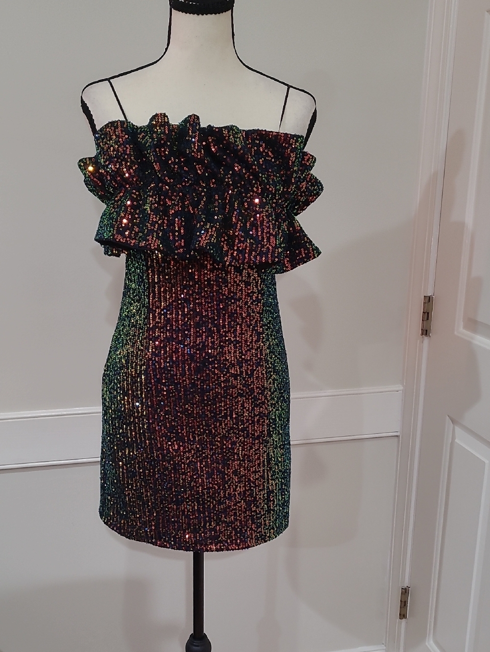 Thirty Thirty LA Multicolor Sequin Strapless Mini Dress with Ruffles - Size L Jr